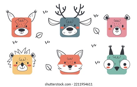 Cute face animal square shape avatar isolated set collection graphic design illustration