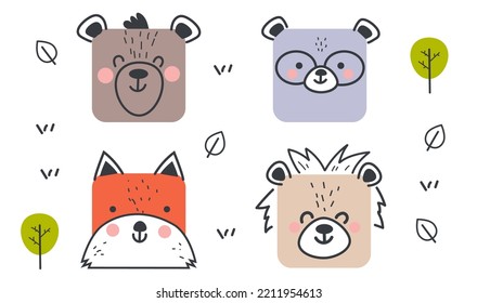 Cute face animal square shape avatar isolated set collection graphic design illustration