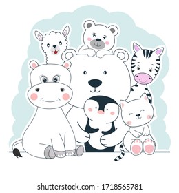 Cute face animals bear, llama, penguin, zebra, hippo and cat best friends. Happy friendship day. Kids graphics for t-shirts. Greeting card.