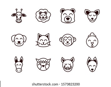 cute face animals cartoon icon on white background thick line
