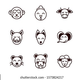 cute face animals cartoon icon on white background thick line