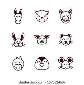 cute face animals cartoon icon on white background thick line