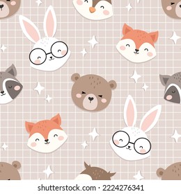 Cute Face Animals seamless pattern. Childish Cartoon Animals Background. Cute Cartoon fox, racoon, bear, rabbit, and owl. design for background, wallpaper, fabric, textile and more.