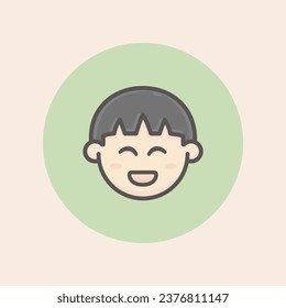 Cute face avatar asian boy with short size dark straight hair, freckles, delighted mood and circular green background filled iconic vector line art