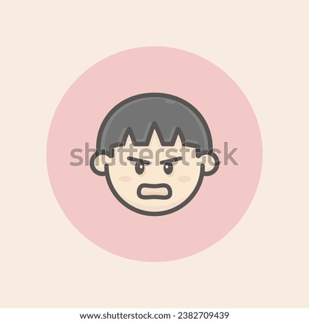 Cute face avatar asian boy with short size dark straight hair, freckles, angry mood and circular red background filled iconic vector line art