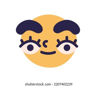 Cute face avatar with funny facial expression, emotion. Smiling positive excited fun emoticon character with big curious interested eyes. Flat graphic vector illustration isolated on white background