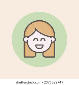 Cute face avatar of young female caucasian icon with long brown hair, happy eyes, delighted mood, cheeks and green background filled iconic vector line art.