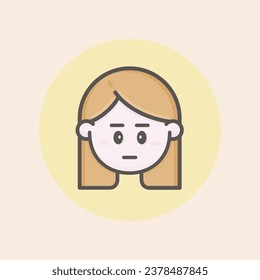 Cute face avatar of young female caucasian icon with long brown hair, serious expression, disappointed mood, cheeks and yellow background filled iconic vector line art.