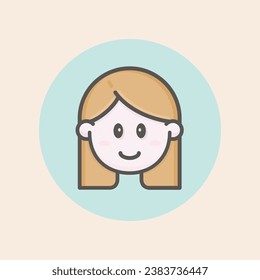 Cute face avatar of young female caucasian icon with long brown hair, glad expression, happy mood, cheeks and blue background filled iconic vector line art