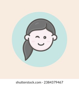 Cute face avatar of young female caucasian icon with tail in black hair, winked eye, happy mood, cheeks and blue background filled iconic vector line art