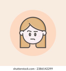 Cute face avatar of young female caucasian icon with long brown hair, irritated expression, annoyed mood, cheeks and orange background filled iconic vector line art