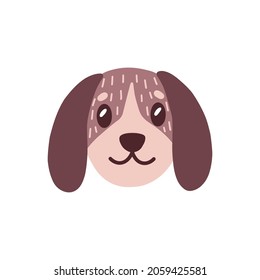 Cara linda de perro bebé. Divertido retrato en la cabeza de adorable cachorro al estilo de doodle. Hermosa y dulce bozal de un pequeño animal canino. Ilustración vectorial plana de garrapatas aisladas en fondo blanco