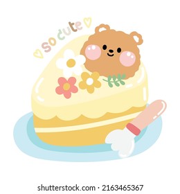 Cute face bear with flower and leaf on cake cartoon.Sweet food pastel hand drawn.Kawaii.Vector.Illustration.