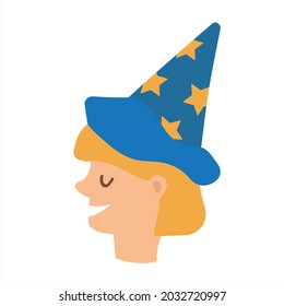 Cute face of a blonde girl with a stargazer hat. Icon of a joyful girl dressed as a magician. Vector flat illustration
