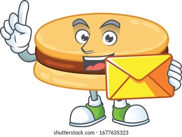 Cute face brown alfajor mascot design holding an envelope