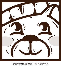 Cute face of brown bear in knitted winter New Year's hat. Christmas gift for children. Handdrawn coloring book page. Muzzle of wild forest animal. Square icon. Clothing store logo. Concept of warmth