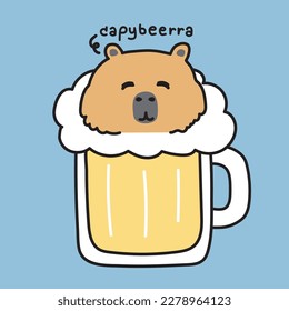 Cute face capybara stay in a glass of beer on blue background.Drink.Beverage.Friendly animal character.Cartoon hand drawn.Kawaii.Vector.Illlustration.