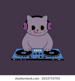 bonitinho rosto gato dj conjunto doodle cor vetor ilustração