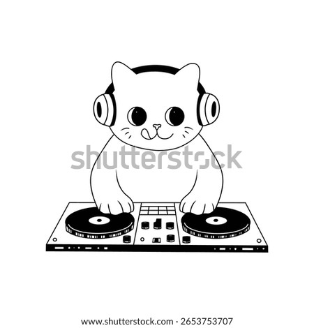 cute face cat dj set doodle lineart vector illustration