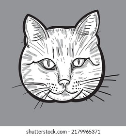 Cuidada cara de una ilustración vectorial en blanco y negro dibujada a mano de un gato