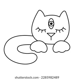 Cute face of a cat with a third eye. Doodle vector illustration, clipart.