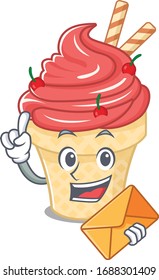 Cute face cherry ice cream mascot design with envelope