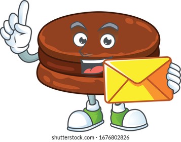 Cute face chocolate alfajor mascot design holding an envelope