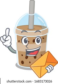 Cute face chocolate bubble tea mascot design with envelope