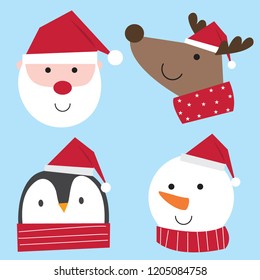 Cute face Christmas character, cute Santa Claus, reindeer, snowman and penguin, vector illustration