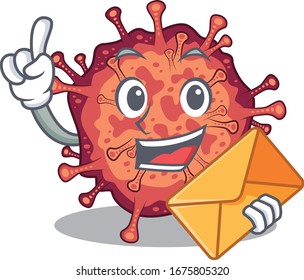 Cute face contagious corona virus mascot design with envelope