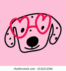 Cute face of Dalmatian dog wearing red glasses. Valentine's day concept. Illustration on white background.