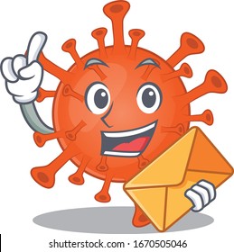 Cute face deadly corona virus mascot design with envelope