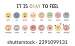 Cute face emotions vector set. Colorful pastel facial expressions clipart cartoon style. Happy, sad, excited, calm, surprised, scared, shy, angry, tired, proud, jealous, worried, silly, bored, loved