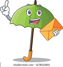 Cute face green umbrella mascot design with envelope