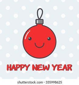 Cute face. Happy new year card. Christmas tree decoration on snowy background.