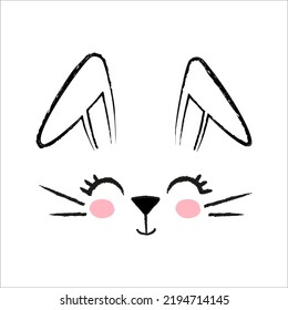 Cute Face Of Happy Rabbit With Bent Ears In Doodle Style. Cartoon Outline Of Hare's Head Is Drawn By Hand, Texture Of Pencil. Bunny Is Symbol Of New Year 2023 Chinese Calendar. Character For Easter