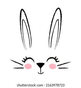 Cute face of happy rabbit with long ears in doodle style. The cartoon outline of hare's head is hand-drawn, pencil texture. Symbol of New Year 2023 according to Chinese calendar. Character for Easter