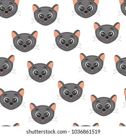 Cute face, a head of cats colorful seamless pattern background with lavender on white background. Cartoon vector wallpaper for fabric, notebooks, notebooks.