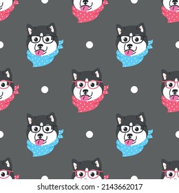 CUTE FACE HUSKY IS WEARING GLASSES AND A SCARF FLAT SEAMLESS  PATTERN.