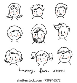 Cute face icons for young man and woman, boy and girl including cute hipster guy with beard and beanie. Set of avatars for using online in social network. Vector illustration with hand-drawn style.