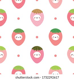 cute face kawaii strawberry pattern, cartoon fruit doodle seamless background with dots, Vector illustration