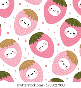 lindo rostro kawaii estampado de fresa, caricatura de fruta doodle fondo sin costura con puntos, ilustración vectorial