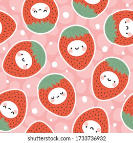 lindo rostro kawaii estampado de fresa, caricatura de fruta doodle fondo sin costura con puntos, ilustración vectorial
