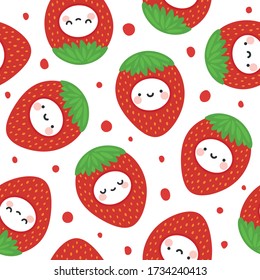 lindo rostro kawaii estampado de fresa, caricatura de fruta doodle fondo sin costura con puntos, ilustración vectorial