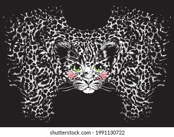 Cute face leopard cub and leopard spots on black background. Print for t shirt pattern.