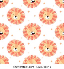 Cute face lion in scandinavian style, hand-drawn, cartoon vector seamless pattern for children, print for textile, fabric, wallpaper, paper.