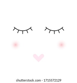 Cute face with long lashes, heart shaped lips and blushed cheeks. T-shirt print design. Vector illustration.