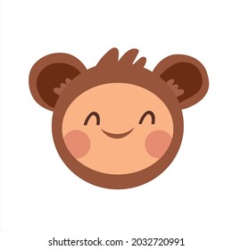 Cute face mask of a child in a bear costume. Cute icon of toddler face with smile. Vector illustration in flat style