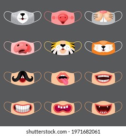 Cute face mask. Funny smile different animals and kids mouth print designs on viruses protective mask recent vector illustrations collection