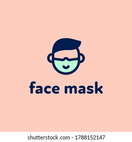 Cute face mask logo with man character wear surgery masks filled outline color vector